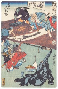 Meeting de calligraphie et peinture. Estampe populaire japonaise.